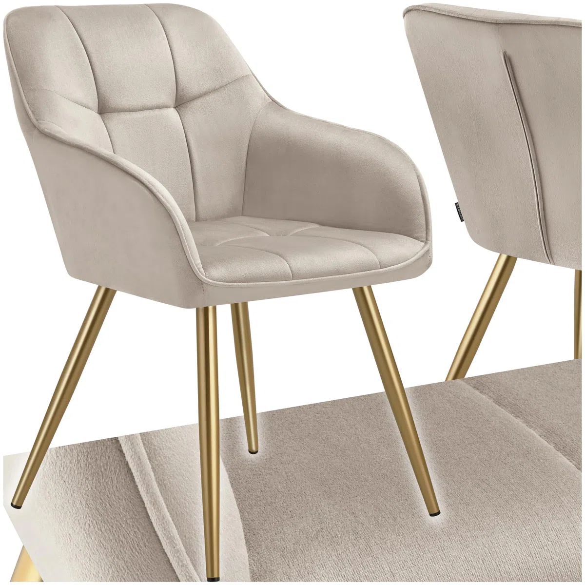 tectake® Sedie da Pranzo Effetto Velluto Trapuntato, Elegante, Imbottitura Schiuma Alta Densità, Gambe in Acciaio, Montaggio Semplice - Tortora/Oro, 1 Sedia