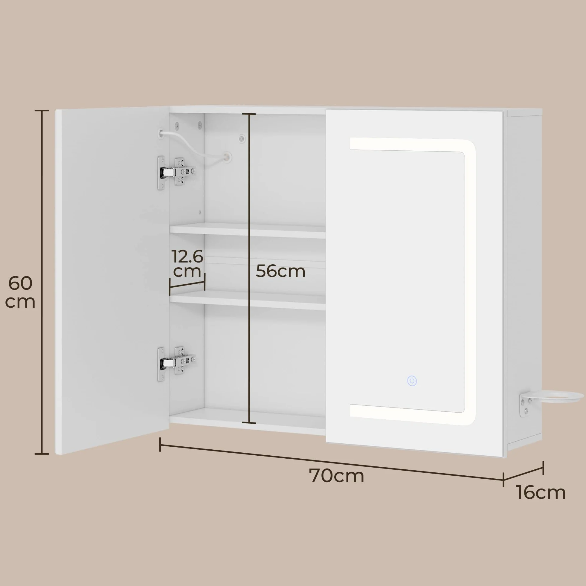 Armadio da bagno con specchio e illuminazione a LED, dimmerabile, con sensore di contatto,presa elettrica, ripiani regolabili,doppia porta in MDF di alta qualità,70X16X60CM,Bianco