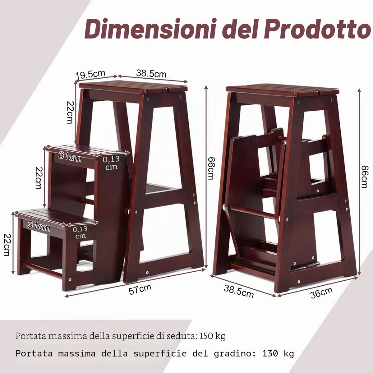 GIANTEX 2 in 1 Scaletta e Sgabello Legno, Sgabello Scala Pieghevole, a 3 Gradini, Portata di 150 kg, Richiudibile e Salvaspazio, Ideale per Soggiorno/Studio/Ufficio, 38,5x57x66 cm, 2 Colori