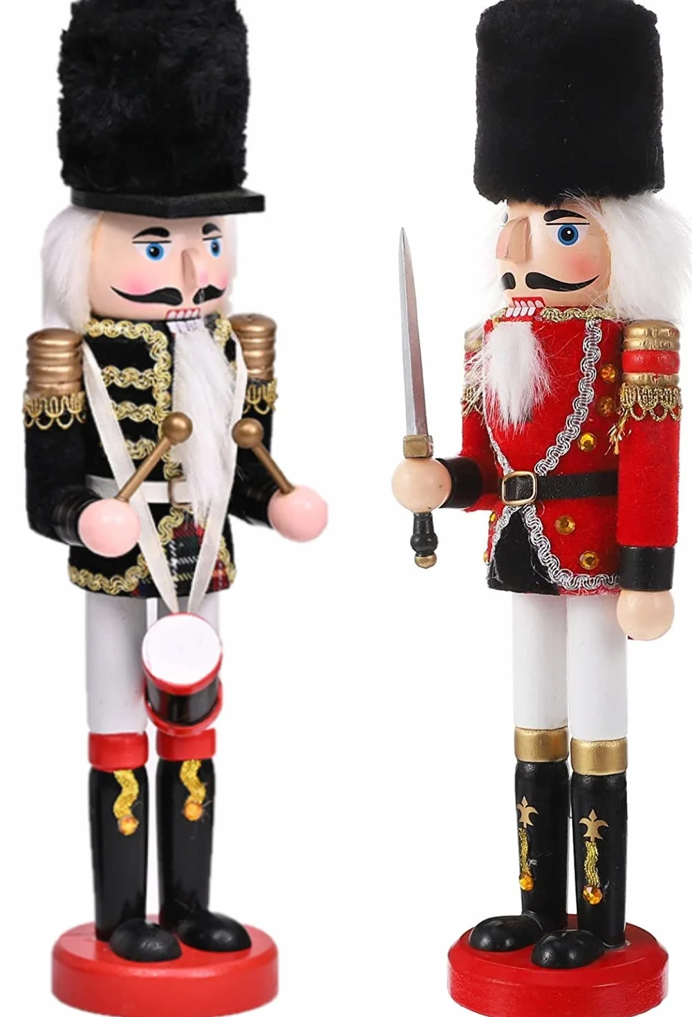 KAHEIGN 2 Pezzi Soldati Schiaccianoci di Legno, 2 Stile 30CM Figure Tradizionali dello Schiaccianoci di Natale Soldato Dipinto in Legno di Pino Premium per Casa Camino Decorazione (Tamburo & Spada)