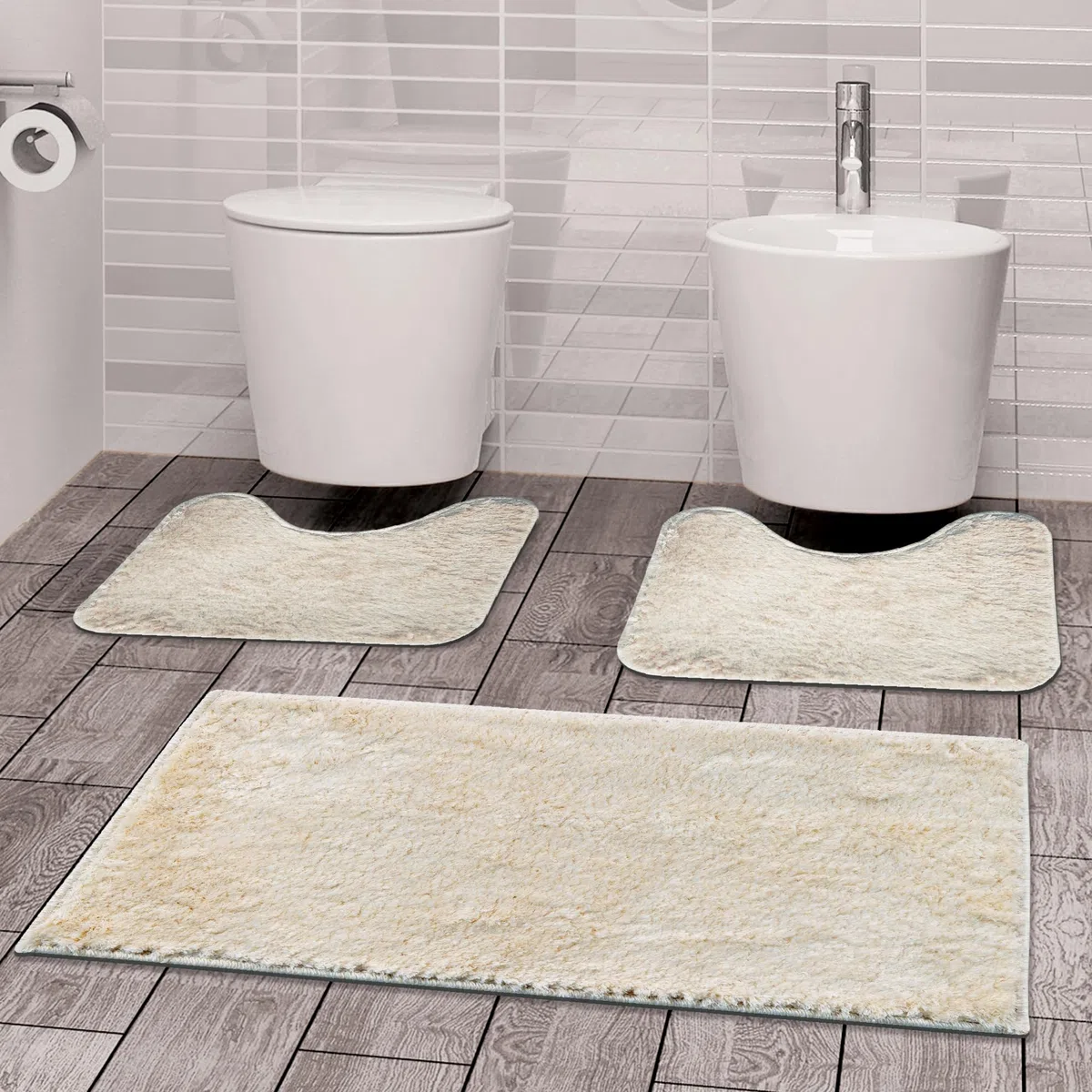 Comart - Tris Tappeti Faith Bagno - Set Tappetini Bagno: 1 Tappeto Rettangolare 45x75 cm + 2 Giro Water 45x75 cm - Morbidi e Pelosi - Asciugatura Rapida e Antiscivolo - Lavabili in Lavatrice - Panna