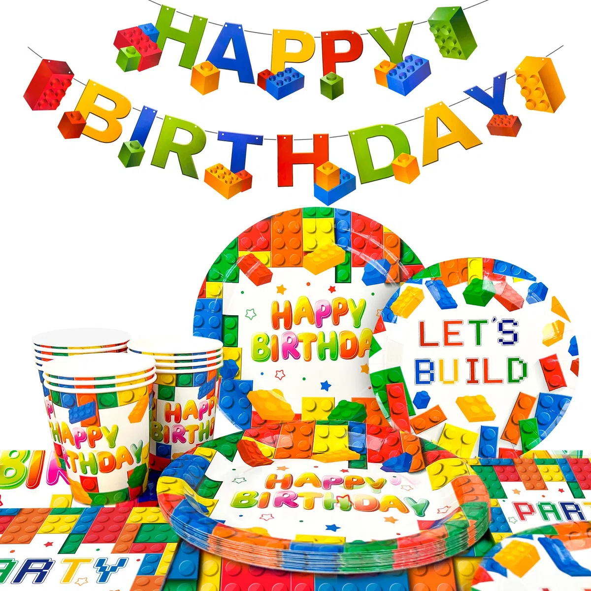 Blocchi di Costruzione Stoviglie per Feste, 16 Ospiti Building Block per Feste Set Building Block Banner di Compleanno Piatti Tazze Tovaglioli Tovaglie etc Stoviglie per Feste di Compleanno