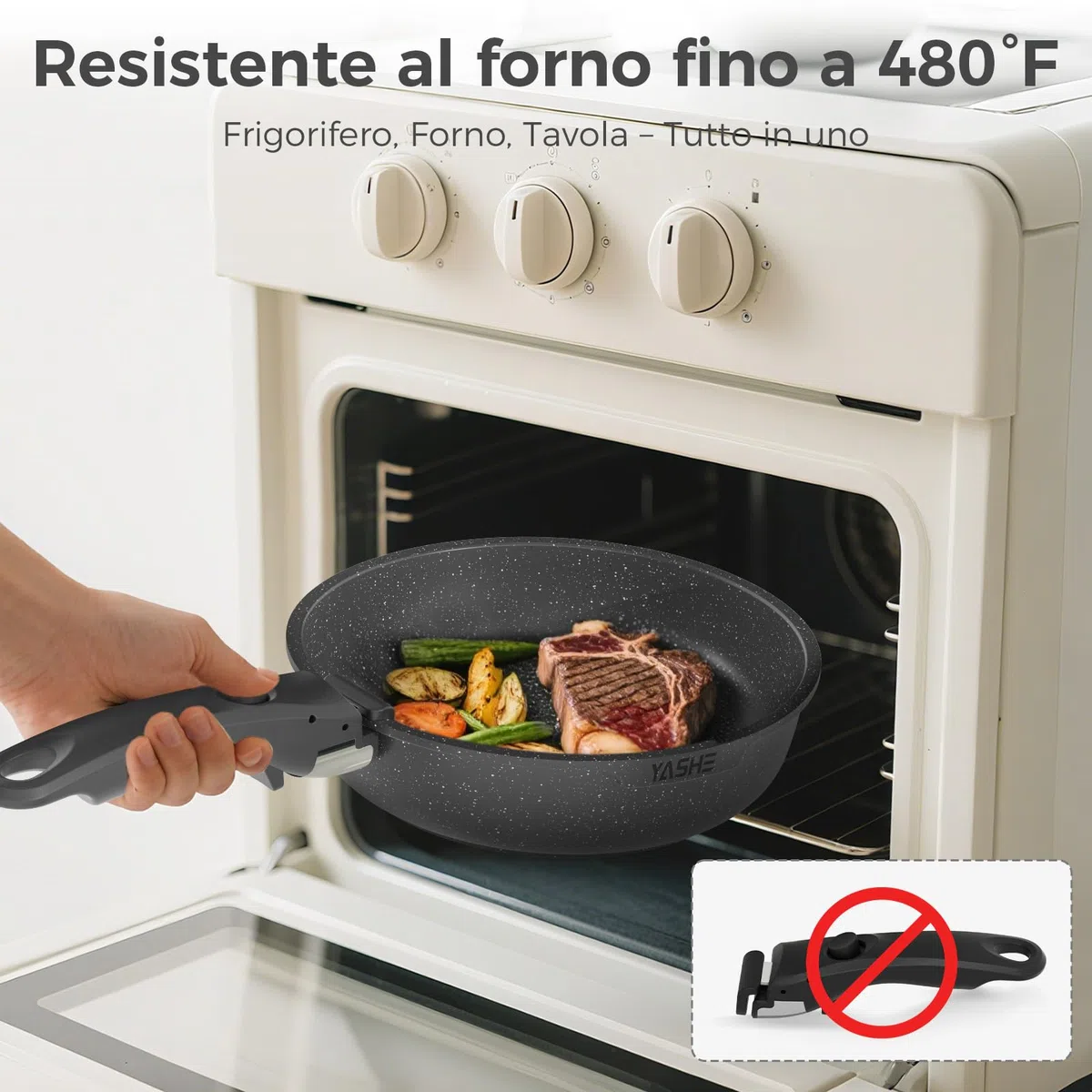 YASHE Set da cucina 15 pezzi, pentole e padelle con rivestimento antiaderente in granito, manici rimovibili, impilabili, facili da pulire, compatibili con induzione, gas e vetroceramica