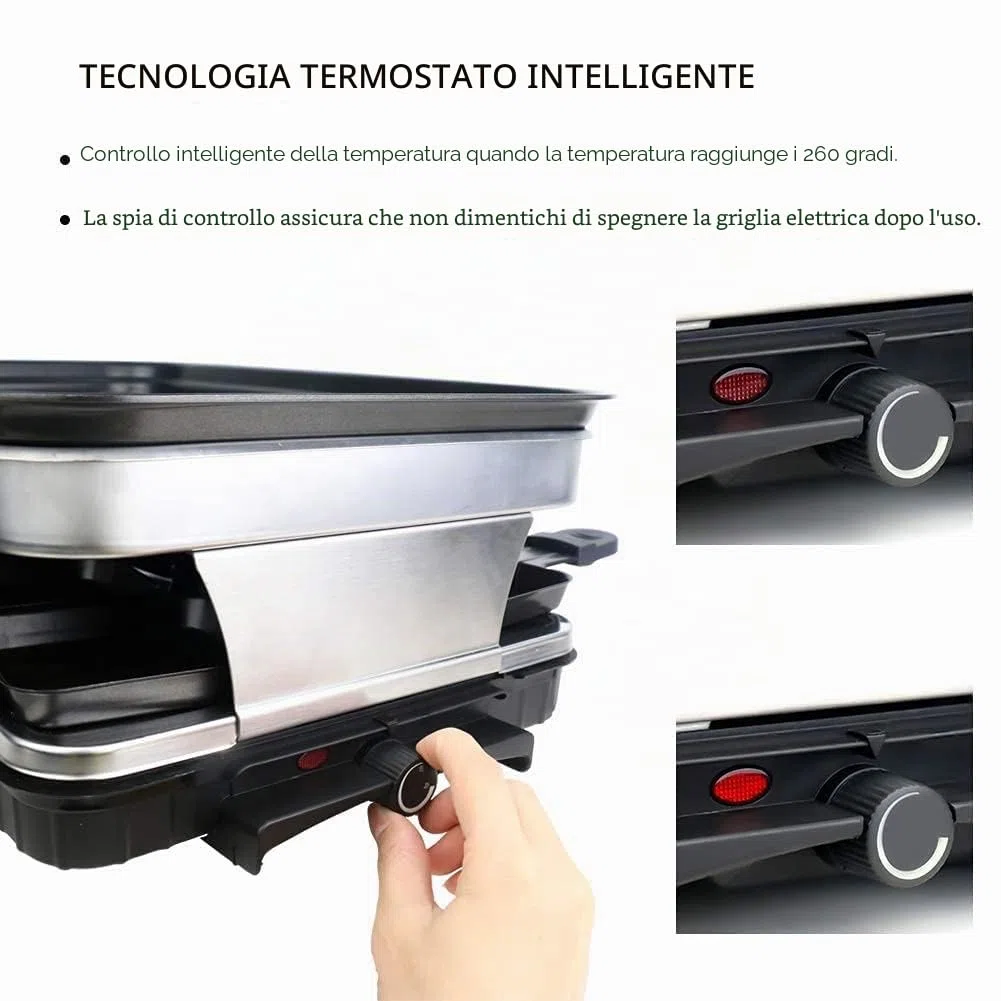 Raclette 8 Persone Piastra Raclette Grill in Alluminio, 8 Pentolini da Raclette, Calore Regolabile Continuo Termostato, 1500 Watt
