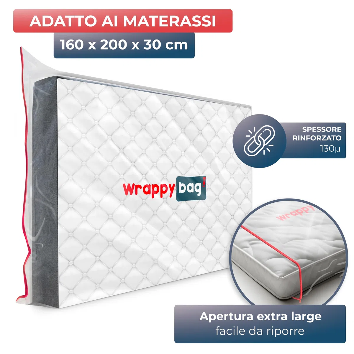 WRAPPYBAG – Custodia in Plastica per Materassi - 5 Misure Disponibili - Sacca Protettiva Impermeabile e Resistente agli Strappi - Per Traslochi, Conservazione e Trasporto - 160x200