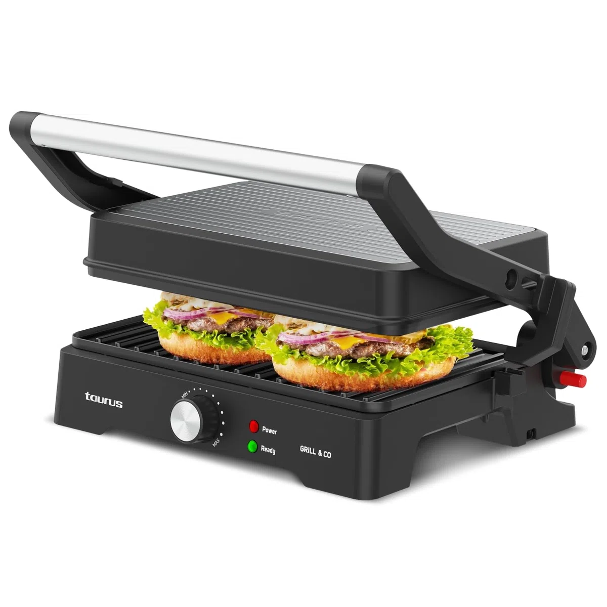 Taurus - Grill Elettrico Grill&Co GR1500X | 1500W | Piastre Antiaderenti 27,5x17,3cm | Coperchio Basculante 180º | Termostato Regolabile | Base Antiscivolo | Vaschetta Raccogligocce