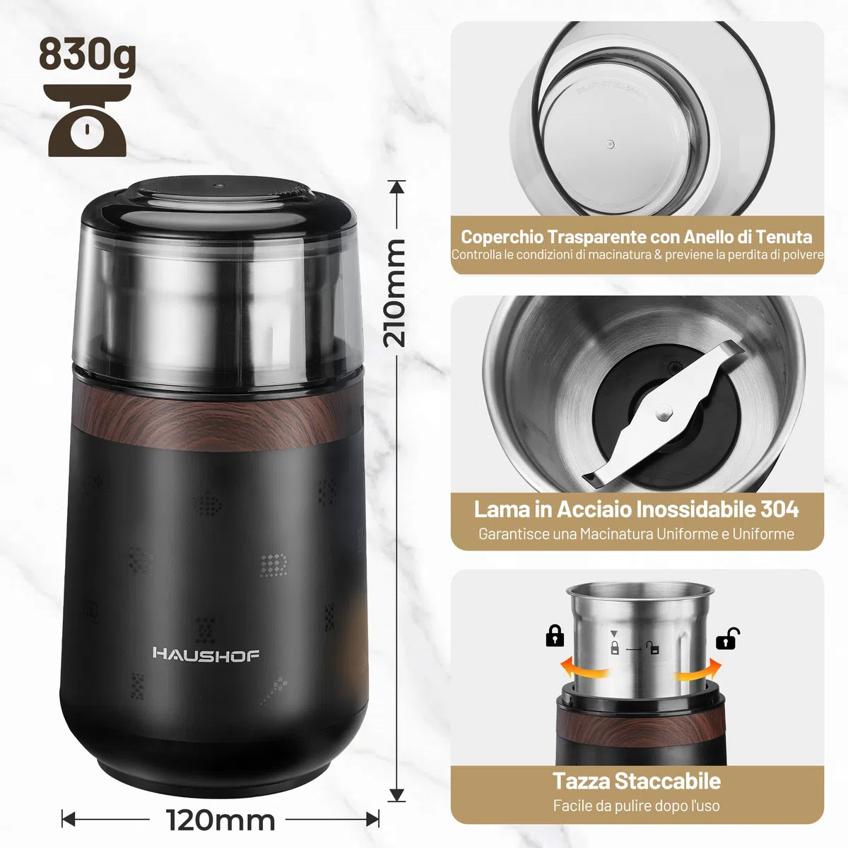 HAUSHOF Macina Caffè Elettrica da 75 g, Macinacaffè da 150W per Chicchi di Caffè e Spezie, Macina Spezie Multifunzionale per Chicchi di Caffè, Noci, Erbe