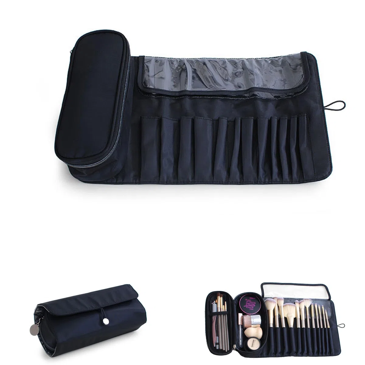Borsa per Pennelli da Trucco Organizer con 12 Tasche Arrotolabile per Cosmetici e Truccatori, Accessorio Professionale per Donna (Nero)
