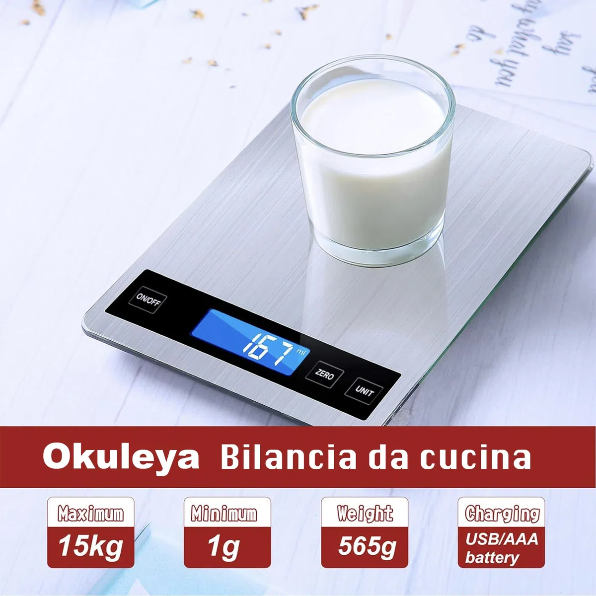 Bilancia da cucina, 33lb/15kg Bilancia da cucina digitale con display LCD+acciaio inox+vetro temperato, precisione fino a 1g - g/kg/lb:oz/ml/fl'oz - TYPE-C o Batteria(nessuna batteria inclusa)