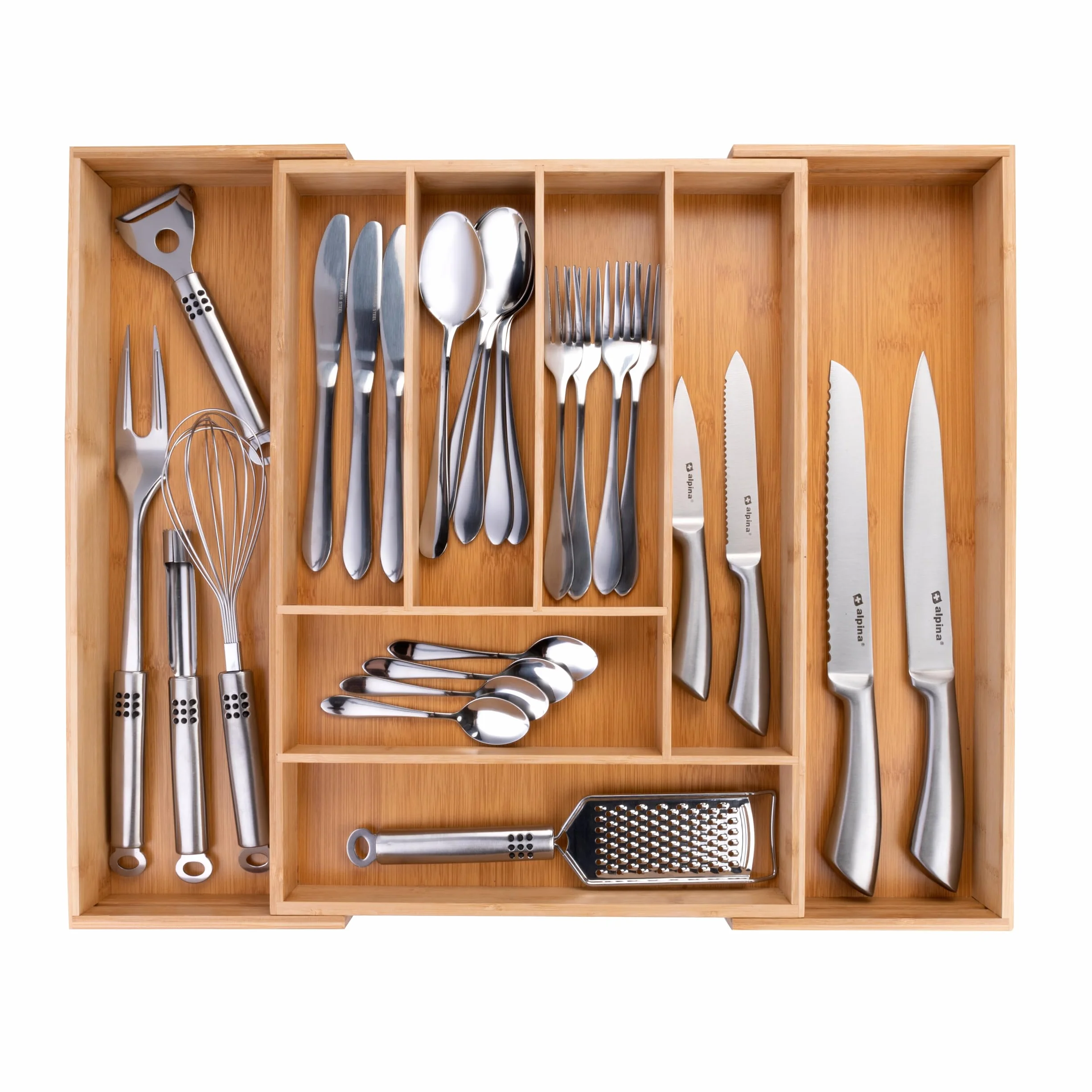 alpina Portaposate da Cassetto - Organizer Casetti Cucina Estensibile 46 x 34-56,5 x 6 cm - Organizzatore Cassetti con 6 a 8 Scomparti - Per Utensili da Cucina, Occhiali da Sole e Altro - Bambù