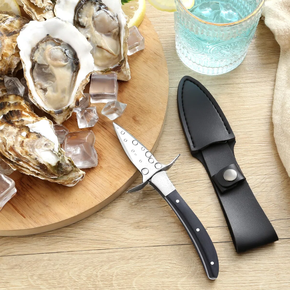 BEWOS Coltello per ostriche con fodero - Coltello per ostriche da 16,5 cm con lama in acciaio inossidabile e guanto antitaglio con manico in legno, adatto a un'ampia gamma di crostacei