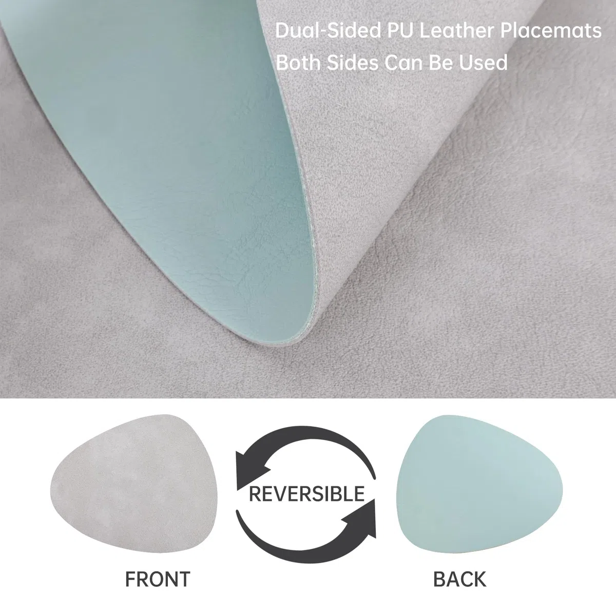 Tovagliette e Sottobicchieri Lavabili, Tovagliette Rotonde in Pelle PU, Tovagliette Bifacciale Impermeabile Resistenti al Calore Non-scivolose Tovagliette Americane (Set di 6, Grigio Chiaro Azzurro)