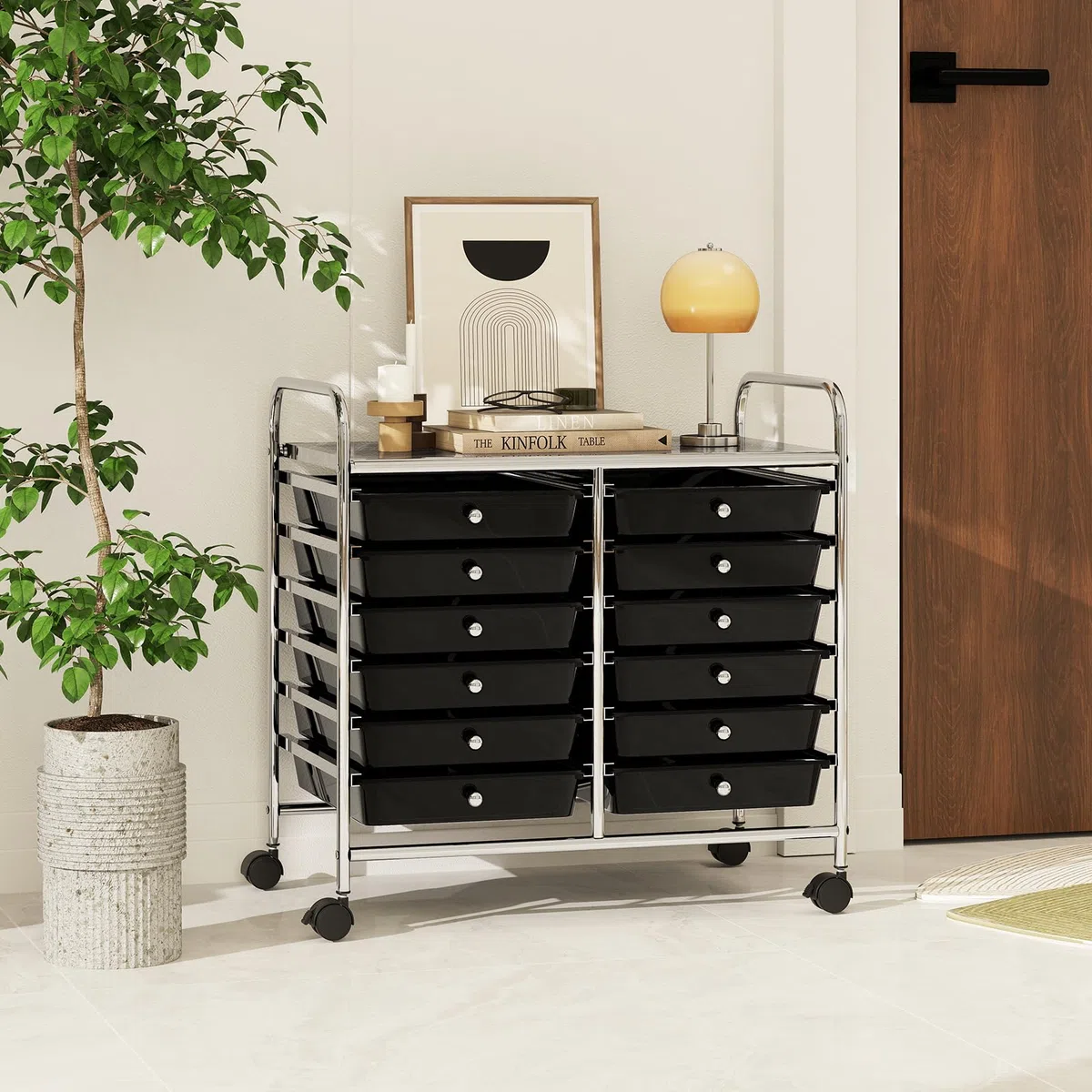 RELAX4LIFE Carrello di Stoccaggio con 12 Cassetti Estraibili, con Ruote Bloccabili e Maniglie, Struttura in Metallo, Carrello di Servizio con Ampia Piano per Soggiorno, Sala Giochi (BIANCO)