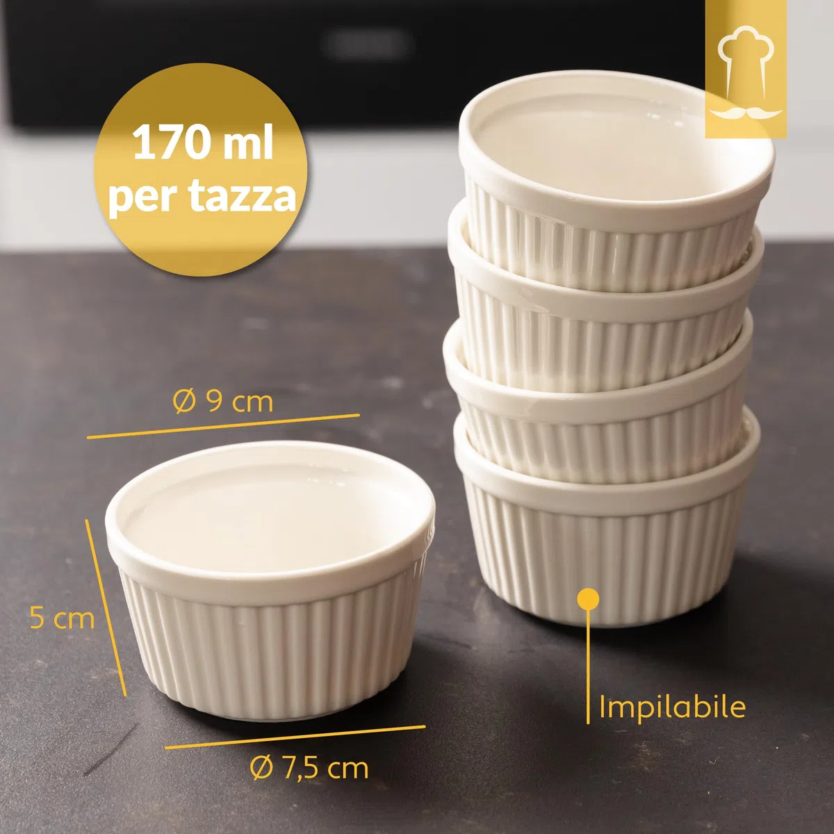 Chefarone Set 10 Stampi Soufflé 170 ml – Pirottini in Ceramica Bianca Riutilizzabili per Crème Brûlée, Dolci e Antipasti – Lavabili in Lavastoviglie, Microonde e Forno