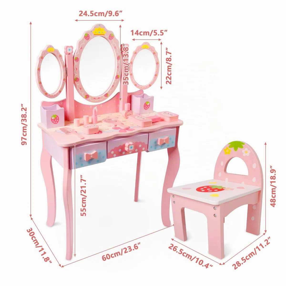 CCLIFE toeletta trucco bambina, toeletta trucco rosa 3 Specchio 3 Cassetti 1 Sgabelli 2 organizzatori, rosa