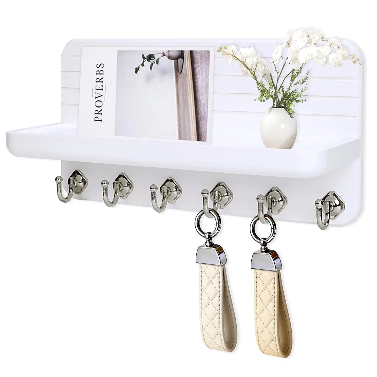 Portachiavi da Parete Appendi Chiavi a Muro in Legno Porta Chiavi da Muro per Casa con 6 Ganci Portachiavi Parete per Ingresso, Cucina, Ufficio, Soggiorno (Bianco)
