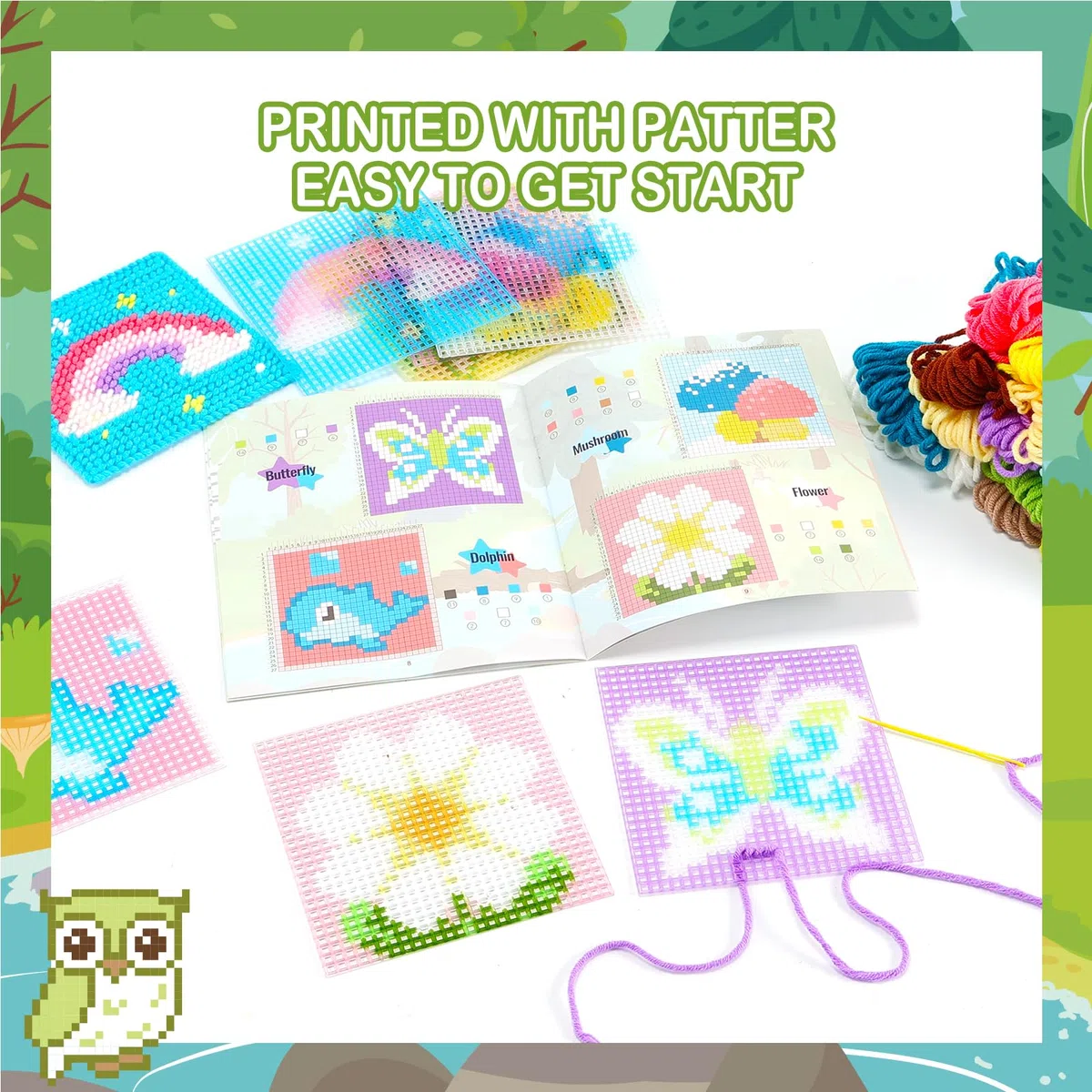 Pllieay Kit per Principianti di Punto Croce Bambini, Kit di Ricamo per Principianti Include 10 Pezzi di Tela in Plastica con Diversi Motivi, 14 Fili Colorati, Istruzioni e Scatola Colorata.