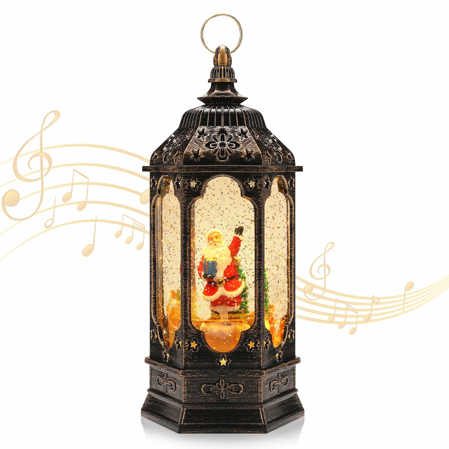 Christmas Lantern,LED Music Lantern with Christmas Snow Globe,Christmas Lantern Retro Christmas Decorations Home Decoration,USB Socket or Battery Powered...