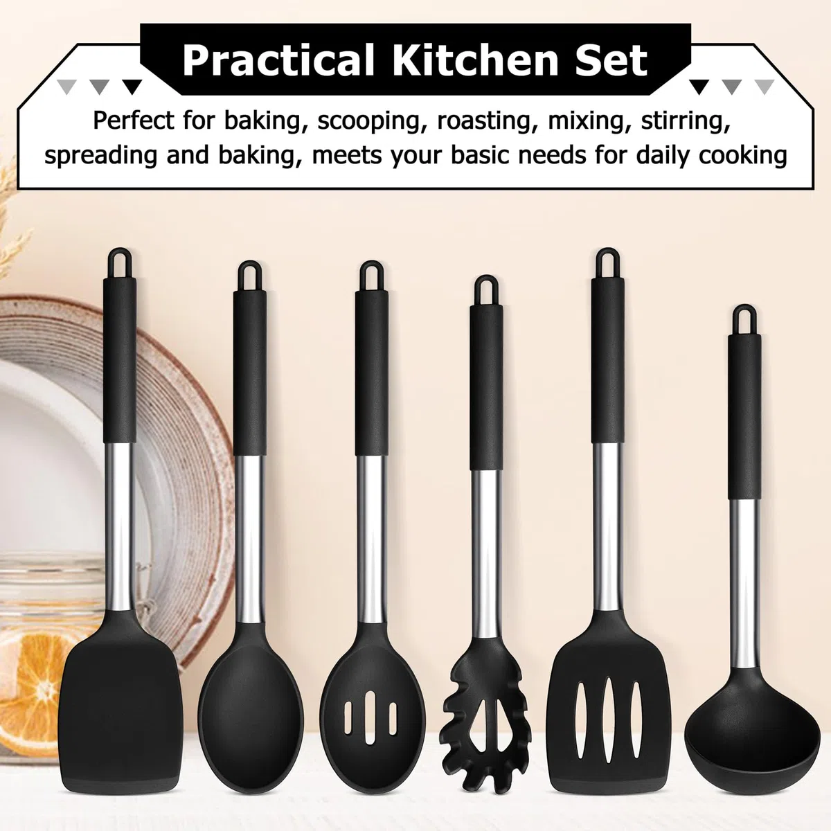 HaWare Set di utensili da cucina, 6 pezzi in silicone nero, resistenti al calore, con manico in acciaio inossidabile per utensili da cucina antiaderenti, gli strumenti da cucina includono mestolo