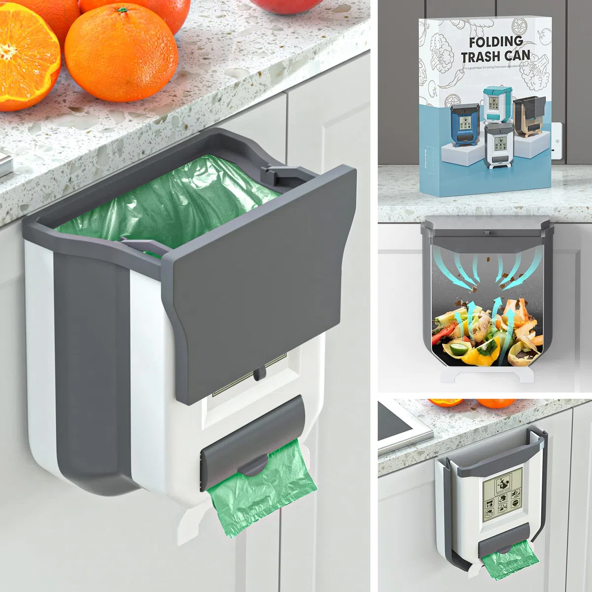 Gintan - Pattumiera pieghevole sospesa con coperchio, circa 9 l di capacità, per cucina, campeggio, auto, bagno, ufficio, camera da letto (grigio)
