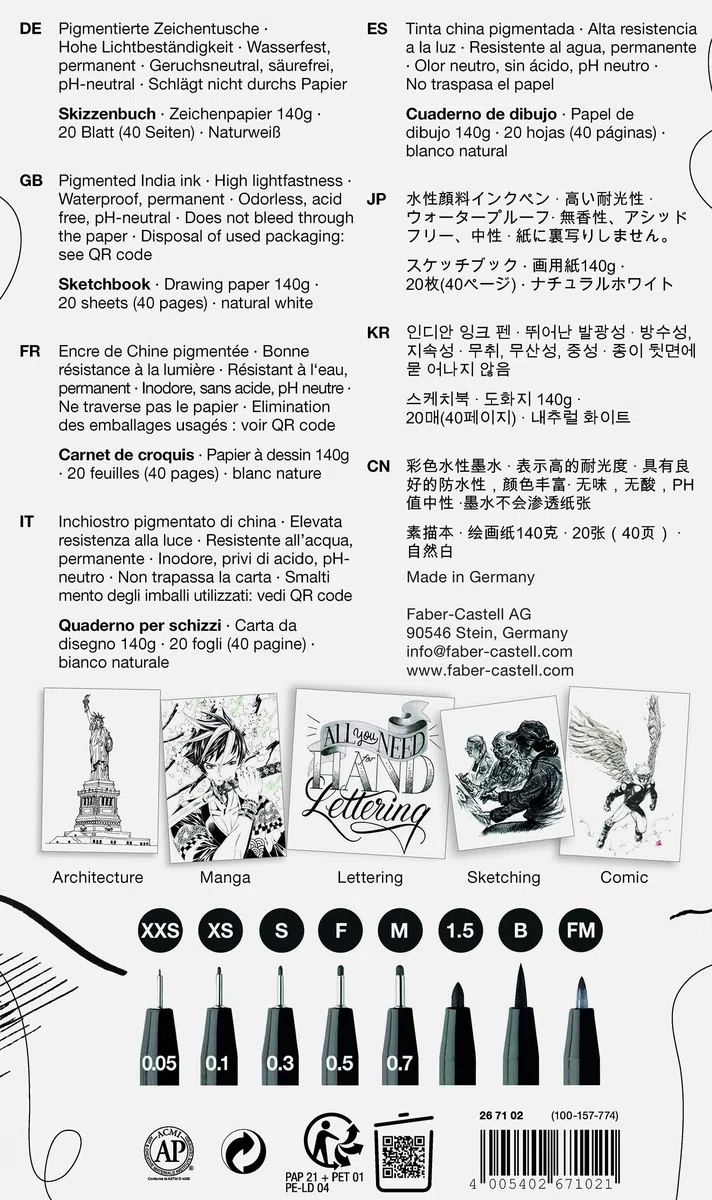 Faber-Castell 267102 - Set da disegno da 9 pezzi, con album da disegno e penne a inchiostro Pitt Artist Pen