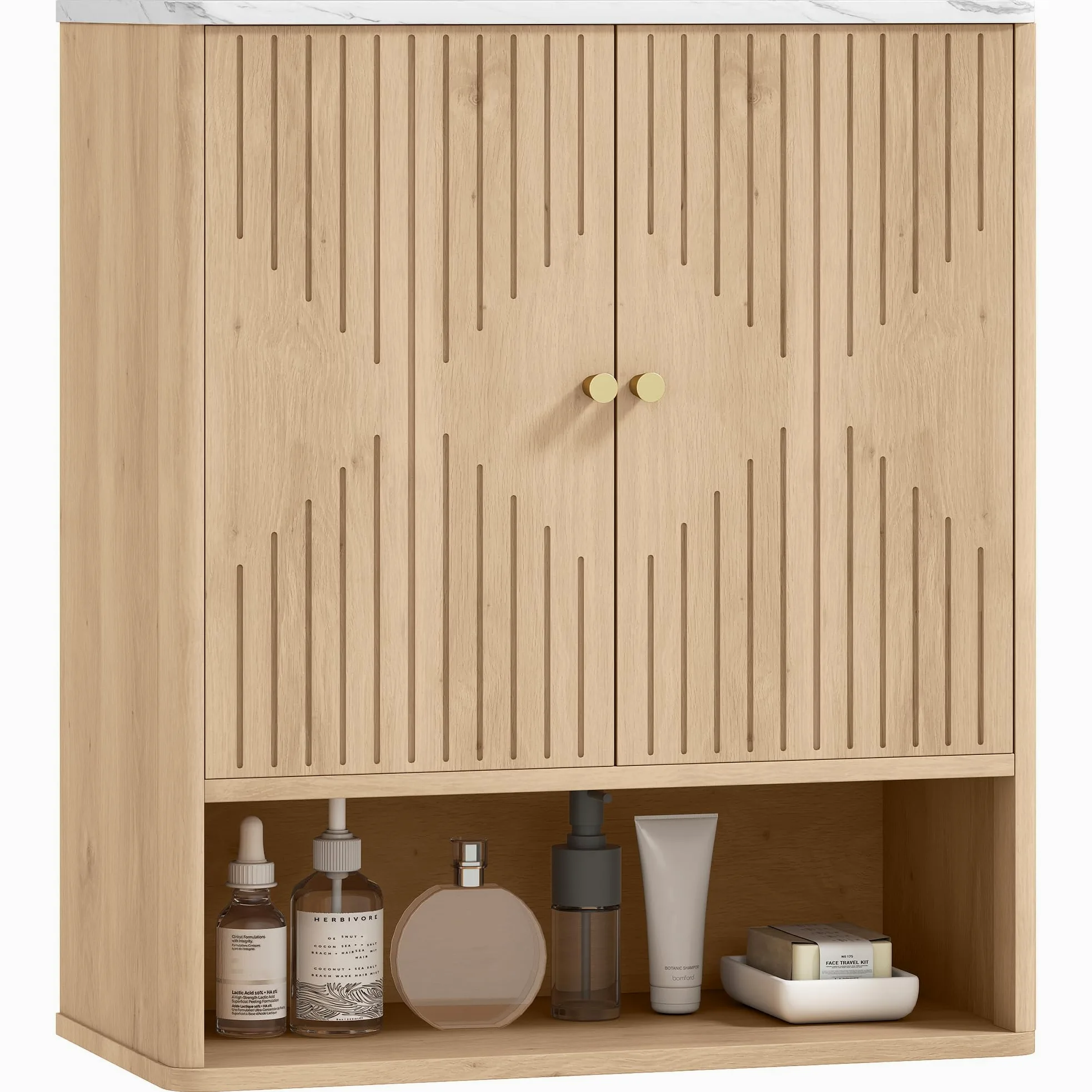 HOMCOM Armadietto Bagno a Parete, Mobile da Bagno Pensile con Ripiano Aperto e Ante Decorate, Piano Effetto Marmo, 60x18x70 cm, Rovere