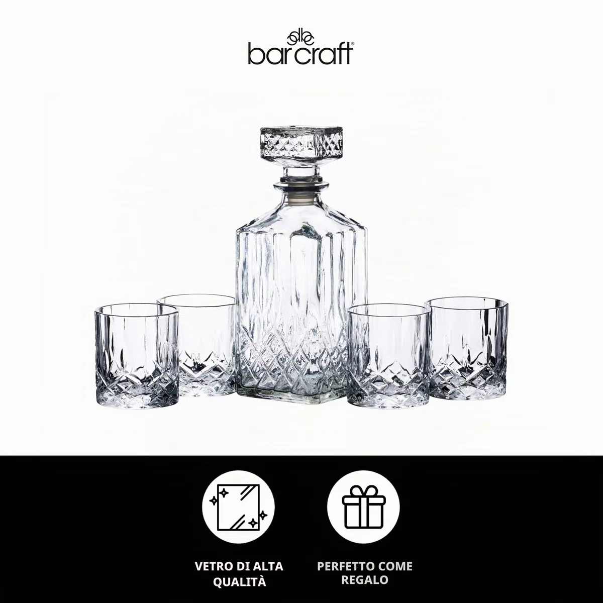 BarCraft Decanter per Whisky 900ml e set da Regalo, in Vetro Tagliato, 5 Pezzi, con Tappo in Silicone e 4x Bicchieri, 26 x 10 x 24cm