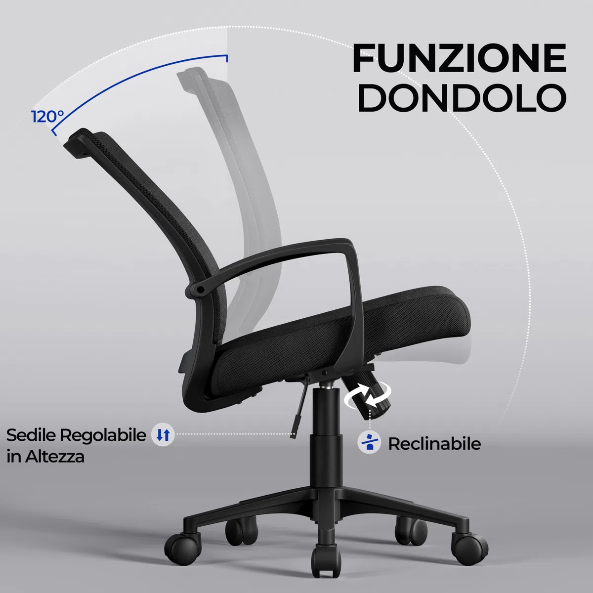 Yaheetech Sedia da Ufficio Scrivania Ergonomica Lombare in Rete Traspirante Reclinabile Altezza Regolabile Girevole con Braccioli e Ruote Portata 136 kg Nera