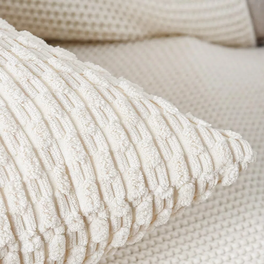 Madizz 2 Pezzi Fodere in Velluto a Coste a Righe Boho Fodere per Cuscino Decorativa Morbida per Divano Camera da Letto Guscio del Cuscino Bianco crema Quadrata 40 x 40 cm