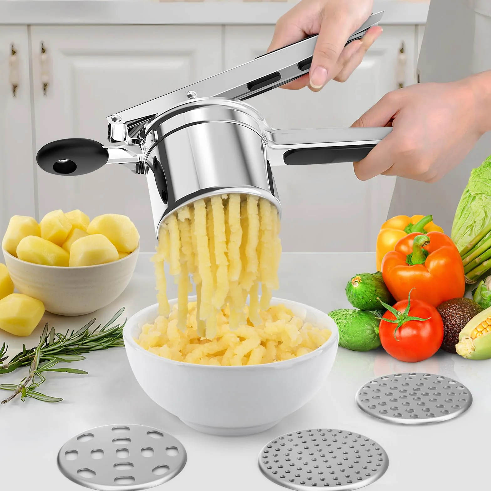 CIRULLI schiacciapatate,schiacciapatate Acciaio inox a tre Maglie Intercambiabili,torchio per Melanzane in Acciaio inox per Preparare Purè di Patate,Puree e Succhi di Verdure lisci come Spremiverdure