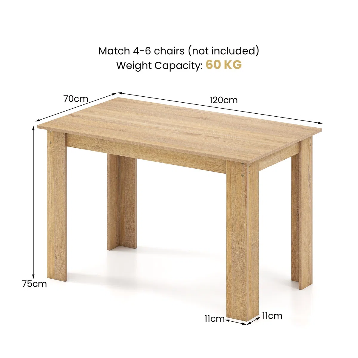 LIFEZEAL Tavolo da Pranzo, Cucina, Sala da Pranzo, 120x70 cm, 4-6 Persone, Scrivania, Design Moderno, Salvaspazio, Rettangolare, in Legno, per Soggiorno, Max 60 kg (naturale)