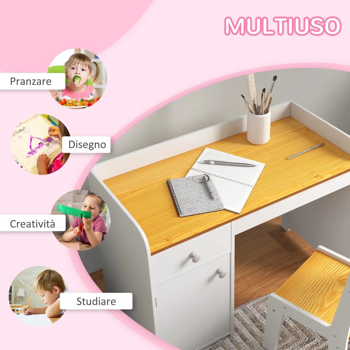 ZONEKIZ Tavolo Scrivania per Bambini con Sedia, Banco Scuola per Bambini da 3 a 6 Anni in Legno con Cassetto e Seggiola Abbinata, Bianco