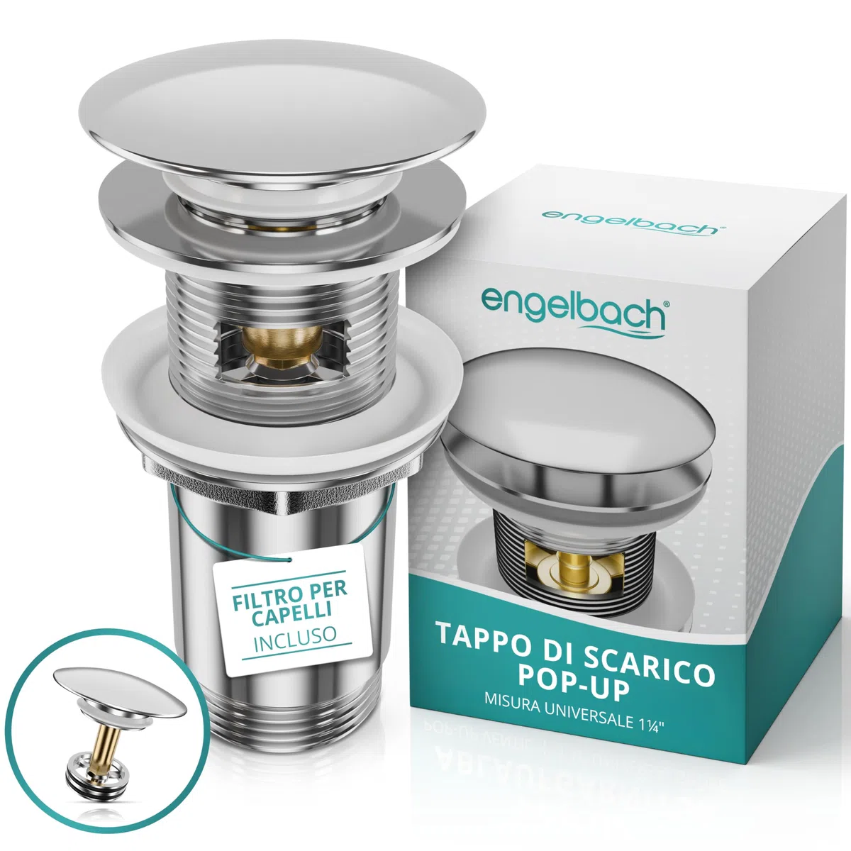 Engelbach® Piletta lavabo con troppopieno – Scarico Click Clack con 3 guarnizioni – Valvola di scarico universale per lavabi da bagno