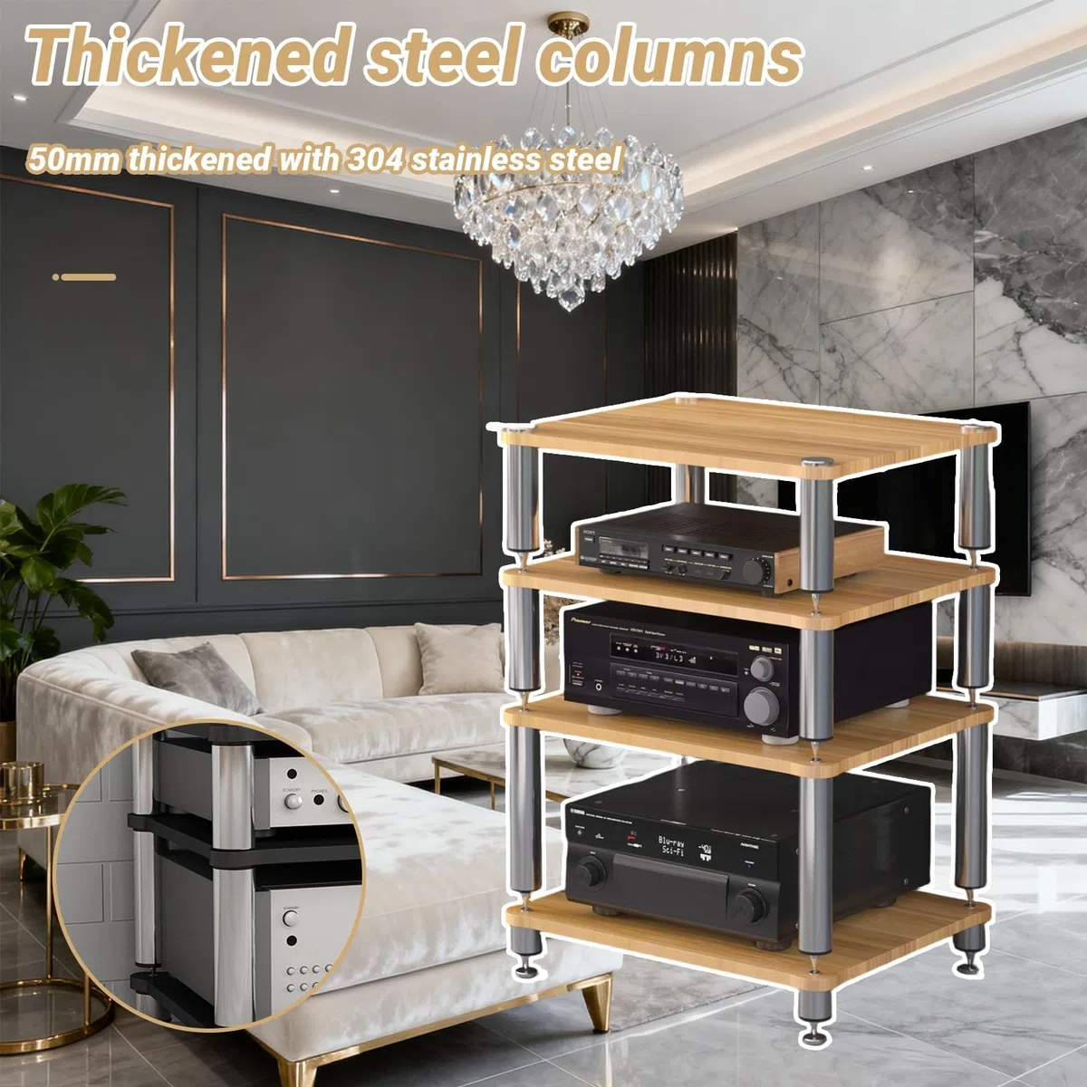 Mobiletto AV HiFi A 3 Ripiani Ripiano In Legno Supporto Per Giradischi Mobile Stereo Sound Tower Rack Portaoggetti Per Console Multimediali(Teak color,Three-layer)