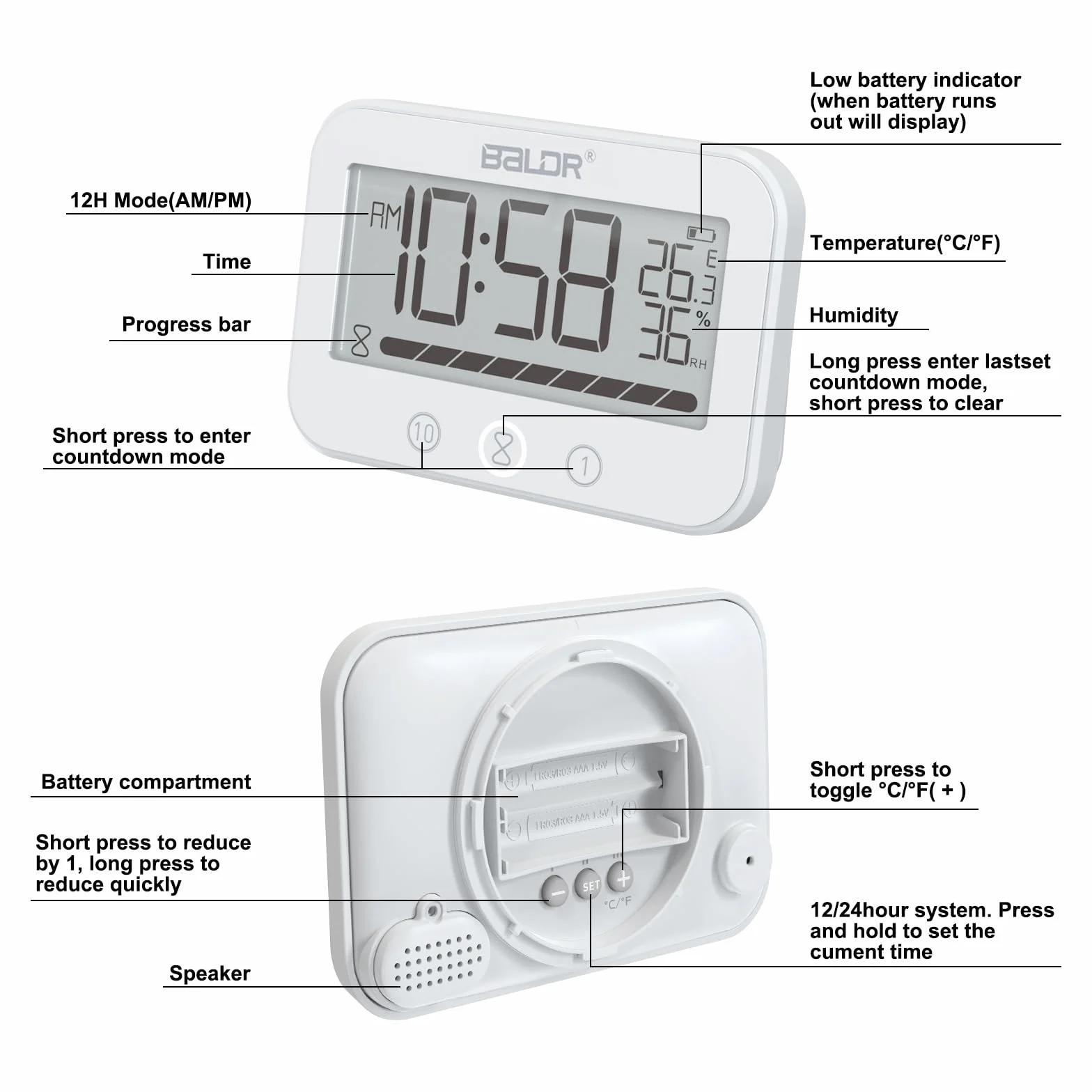 Orologio da Bagno Digitale, Orologio da Doccia Impermeabile IP54 con Temperatura e Umidità, Conto alla Rovescia da 99 Minuti con Allarme, Ampio Timer LCD con 2 Ganci Adesivi e 2 Ventose
