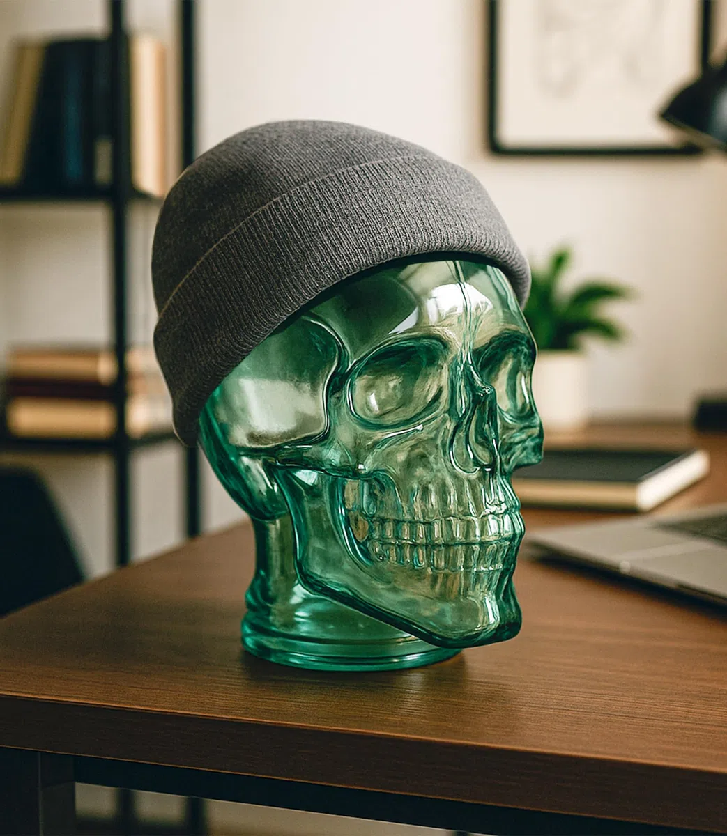 Testa manichino decorativo. Testa in vetro riciclato. Espositore per accessori in vetro. Supporto Cappelli, Cappelli, Caschi e altro ancora. Realizzato in vetro riciclato. (Teschio)