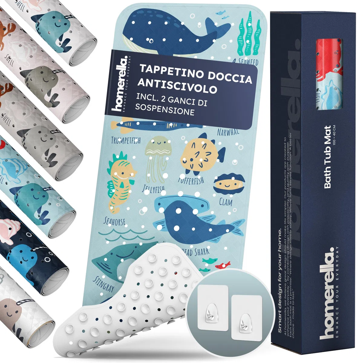 homerella® Tappetino antiscivolo vasca da bagno bambini 100 x 40 cm | Tappeto antiscivolo doccia bambini | Extra confortevole e antibatterico | INCL. GANCI (Turquoise)