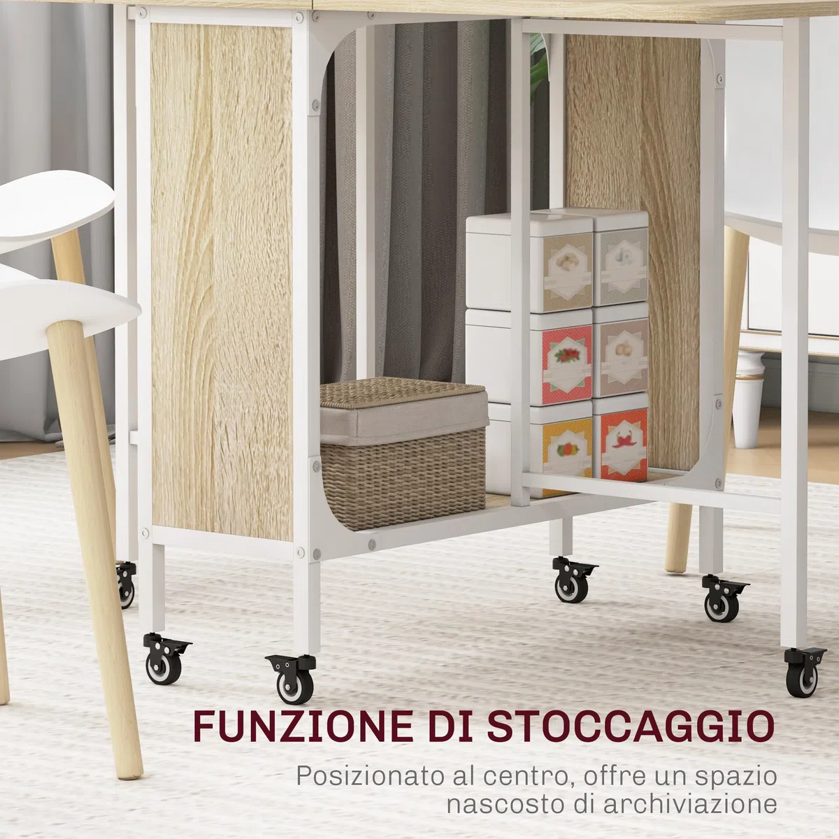 HOMCOM Tavolo da Pranzo Pieghevole, Tavolo a Ribalta per 4-6 Persone, Tavolo da Cucina Salvaspazio Moderno con Ripiano e 6 Ruote, in Metallo, 130x80x74 cm, Color Legno