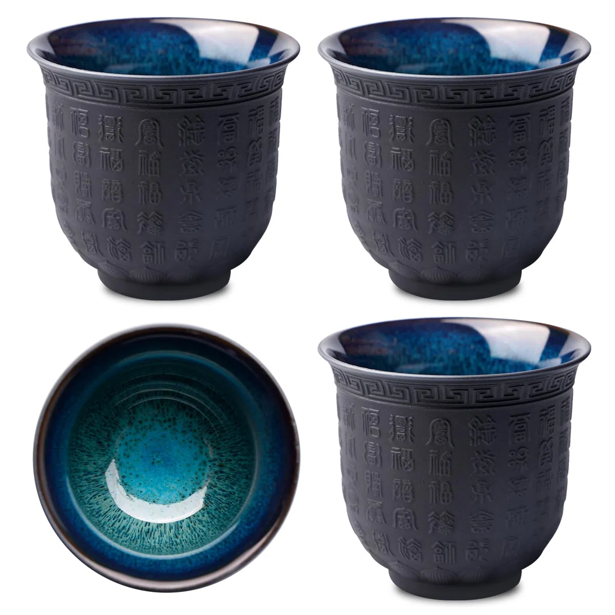 4 tazze da tè giapponesi, 165 ml, tazze da tè asiatiche, cuore buddista Sutra, in ceramica, con motivo a forma di cuore, viola, per tè, sake, espresso, caffè, tazza da tè in rilievo