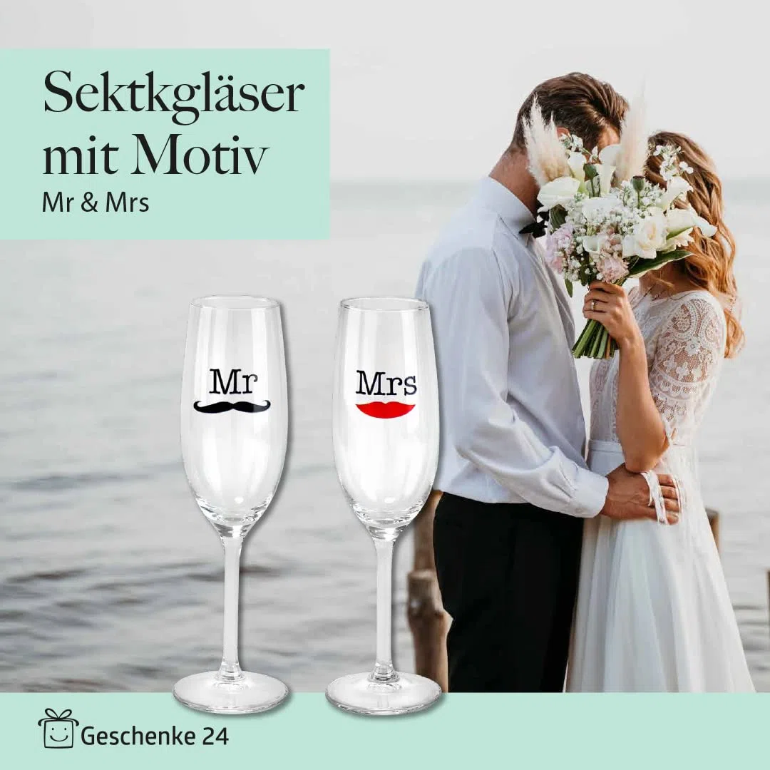 Geschenke 24 Bicchieri Prosecco per Matrimonio I Set da 2 Calici Mr Mrs I Calici Personalizzati Matrimonio con Disegno Bacio e Baffi I Flûte Vetro Regalo Matrimonio I Decorazione Tavola