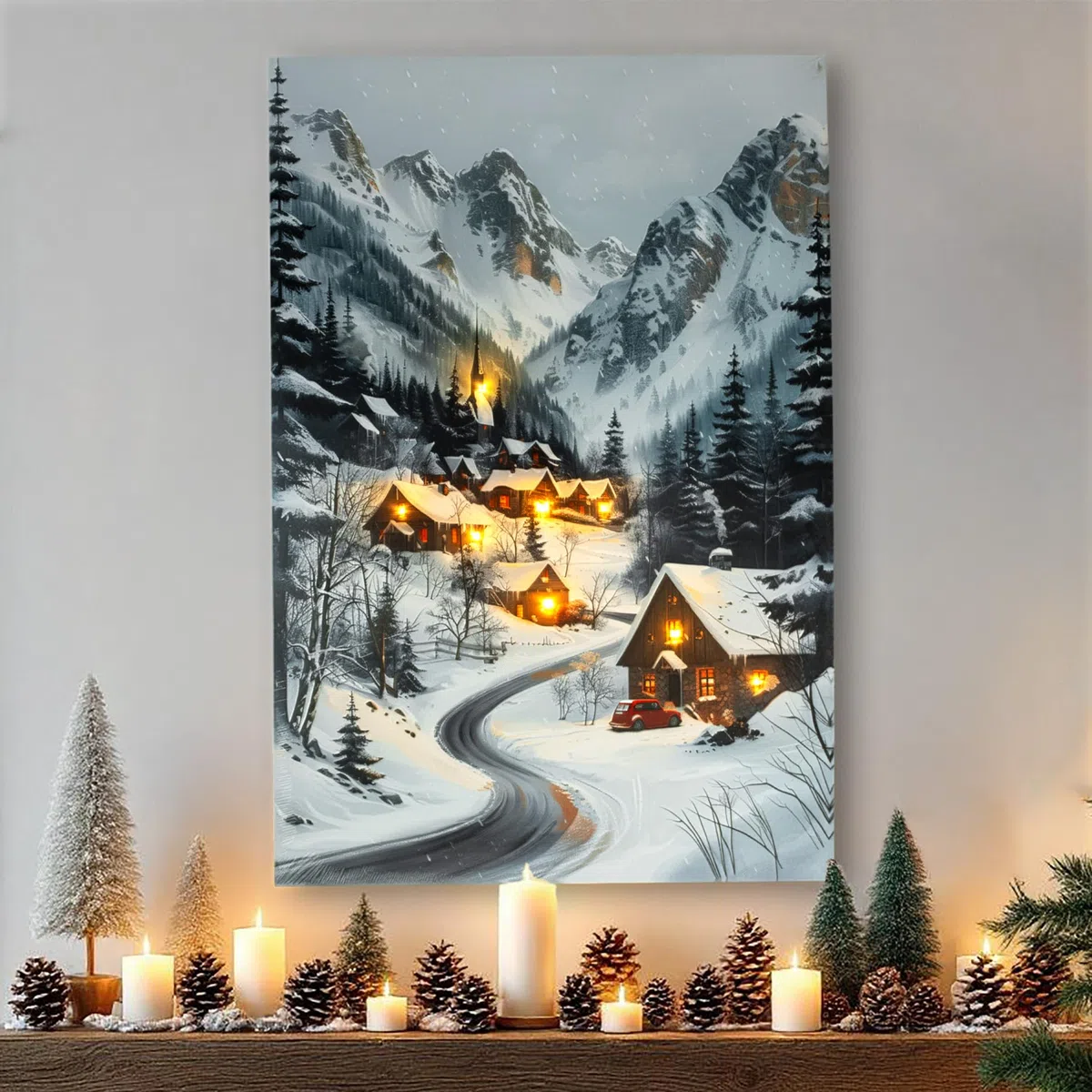 Spetebo Immagine natalizia da parete con illuminazione a LED alimentata a batteria - 58 x 38 cm - Immagine di villaggio invernale su tela illuminata in bianco caldo - Decorazione natalizia da parete