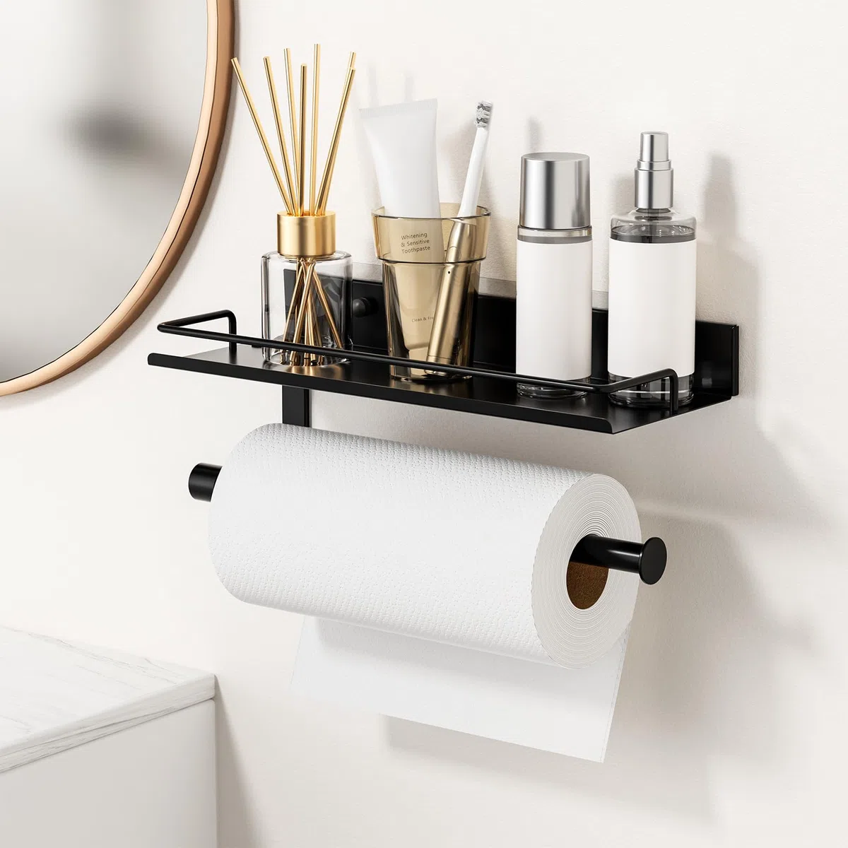 Porta Rotolo Da Cucina, Autoadesivo Portarotolo Da Parete Senza Forature, Portasciugamani Con Ripiano Portaoggetti per Cucina E Bagno