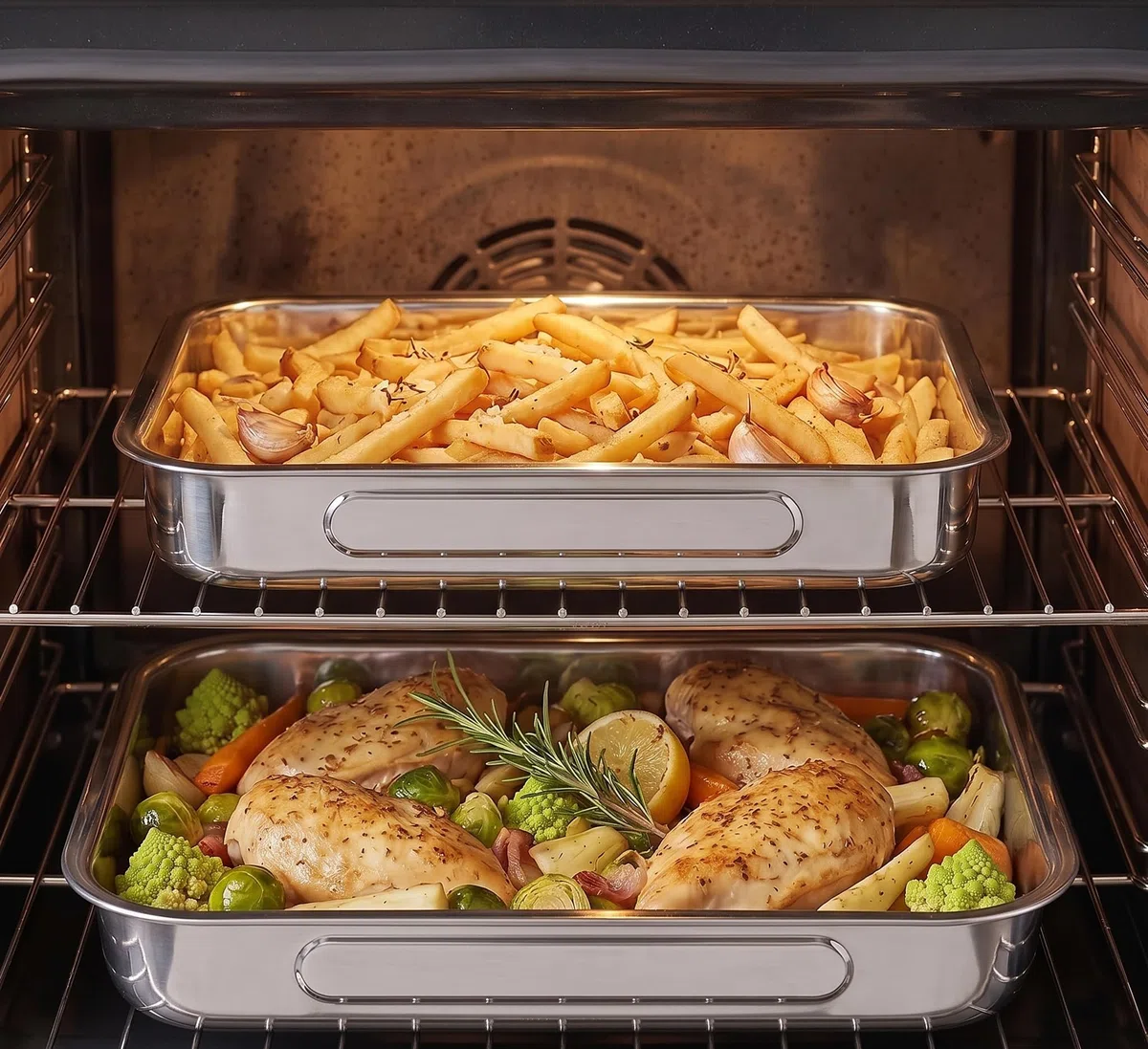 Menax - Set di 2 Teglie da Forno Rettangolari in Acciaio Inox - Stampo per Lasagna, Focaccia, Biscotti - Acciaio