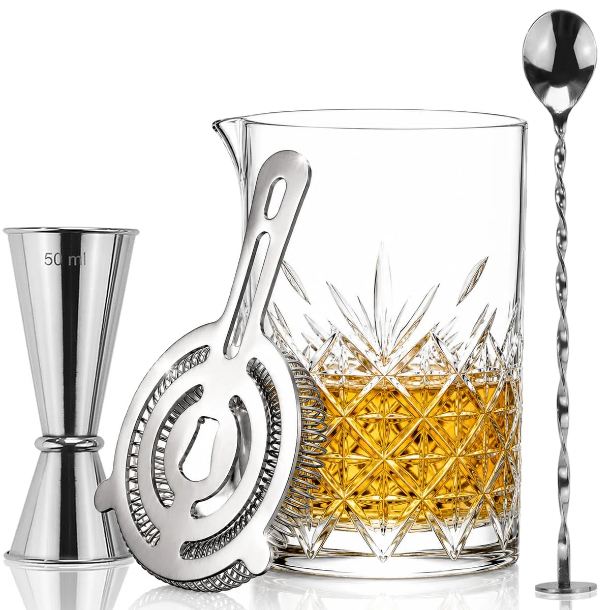Set da 4 pezzi per cocktail | brocca di vetro, filtro Hawthorne, cucchiaio per miscelazione di bevande giapponesi e cocktail cucchiaio grande, 725 ml