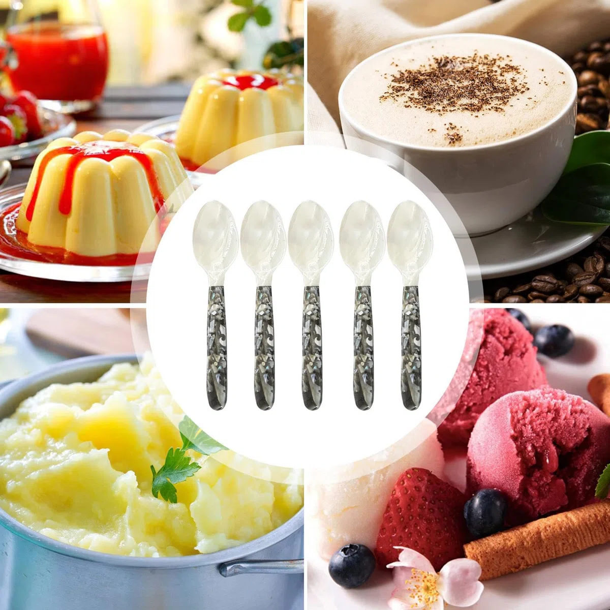 Cucchiai da caviale con manici rotondi, set di 5 cucchiai in madreperla, posate decorative per caviale, eleganti utensili per servire caviale, uova e gelato, da pranzo di alta qualità per