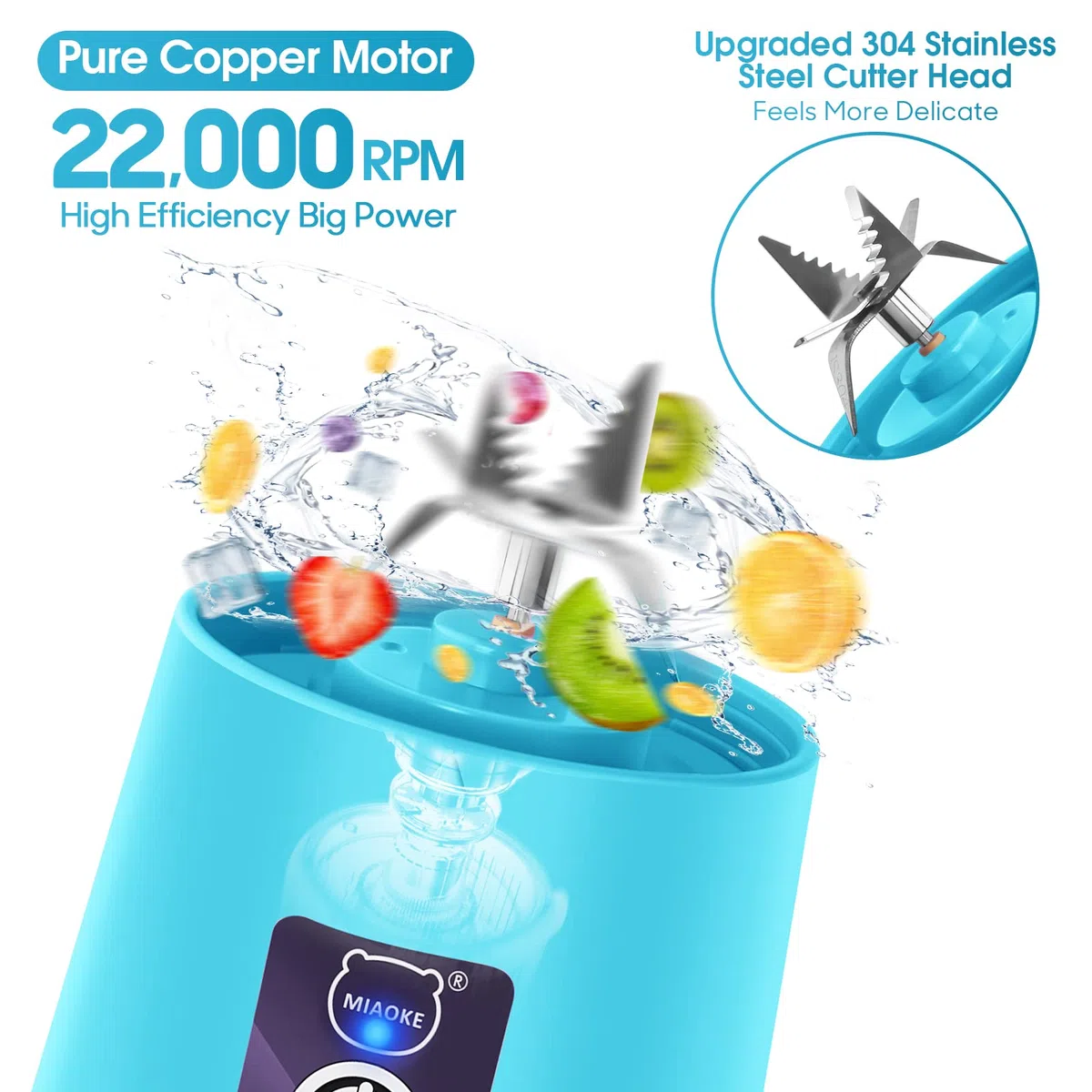 Frullatore portatile per frullati, mini frullatore per succhi con sei lame in 3D, USB ricaricabile Juicer Cup per casa/ufficio/esterno (Blu)