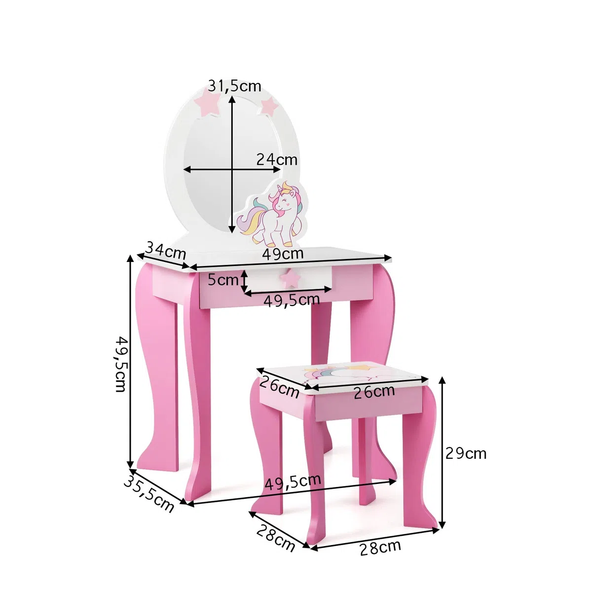 GIANTEX Set di Specchiera e Sgabello per Bambini, Tavolo da Trucco Giocattolo in Legno con Cassetto, Ideale Regalo per Ragazze di 3-7 Anni, con Portata di 15kg, 49x35,5x89cm (Rosa)