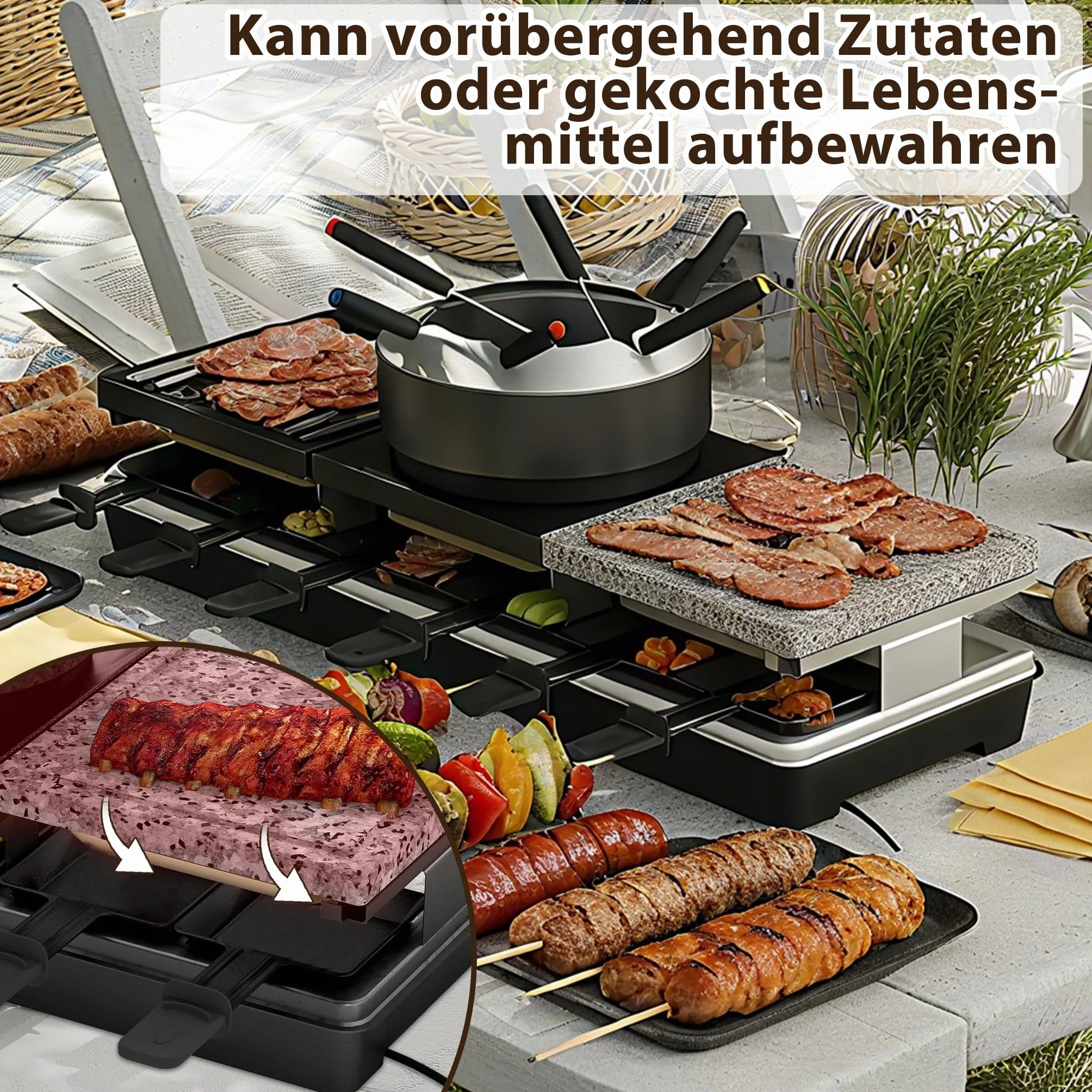 UISEBRT Raclette Grill per 12 persone, macchina da raclette 3 in 1 con padella, set per fonduta, pietra calda, 12 padelle e 12 spatole per legno, piastra per raclette antiaderente, 1650 W