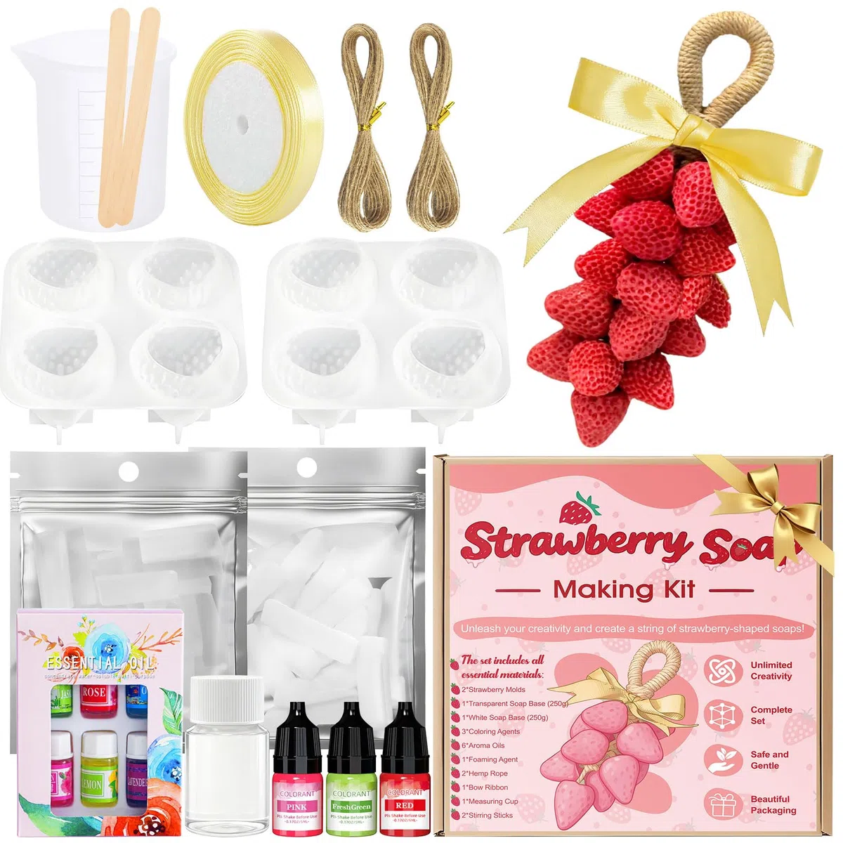 Kit Sapone Fai da te, Kit per Sapone Fai da te Forma di Fragola, Include Base per Sapone Fai da te, Stampi per Sapone e Altri Accessori, per i Principianti