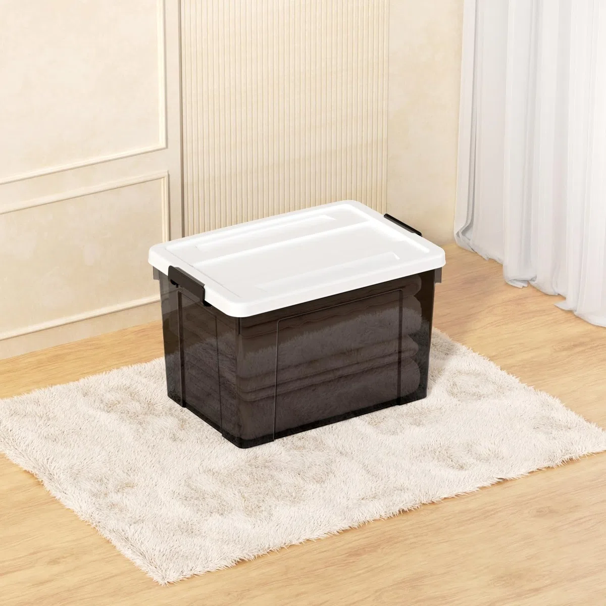 Cetomo 90L*3 Scatole di Stoccaggio in Plastica, Scatole Portaoggetti con Coperchio, Organizzatore, Contenitori per Casa e Ufficio, Impilabile, Resistente, Nero Chiaro, 90L - Confezione da 3